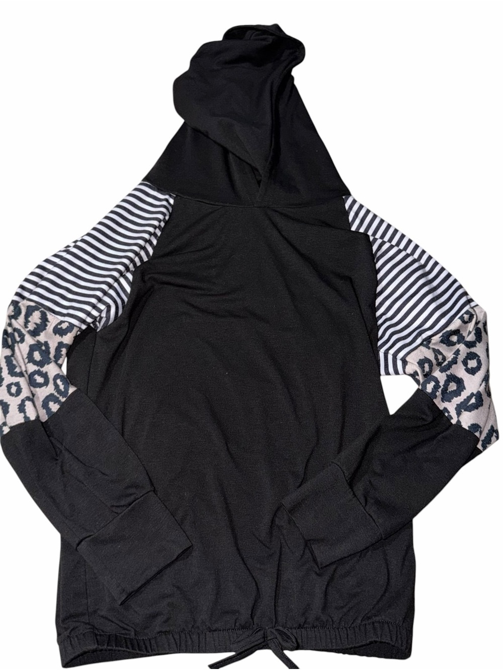 Kids Black Hoodie with Striped & Leopard Sleeve Accents